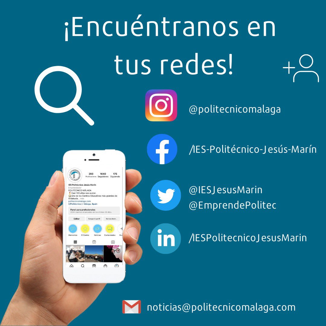📍REDES SOCIALES | ¿Conoces todas nuestras #RedesSociales ? 
👉🏻Síguenos para estar al día de todas las #novedades y poder preguntarnos las #dudas que tengas.
¡Os esperamos!👏🏻

#EquipoPolitecnico
#PolitecnicoMalaga