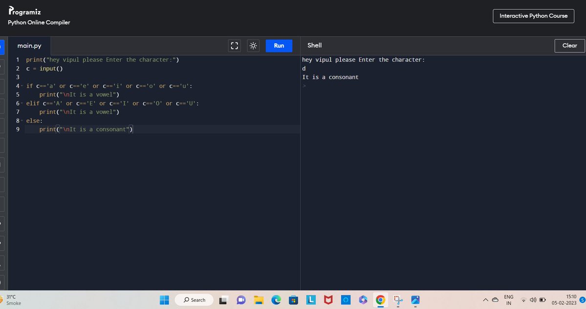 Vipultiwari04's tweet photo. 🦝Check Vowel or Consonant using if-else
🐍python project 
#pythonprogramming 
#MicrosoftTeams 
#ProjectAlphaTHEP6 
#ElonMusk https://t.co/2Xn8DMahFc
