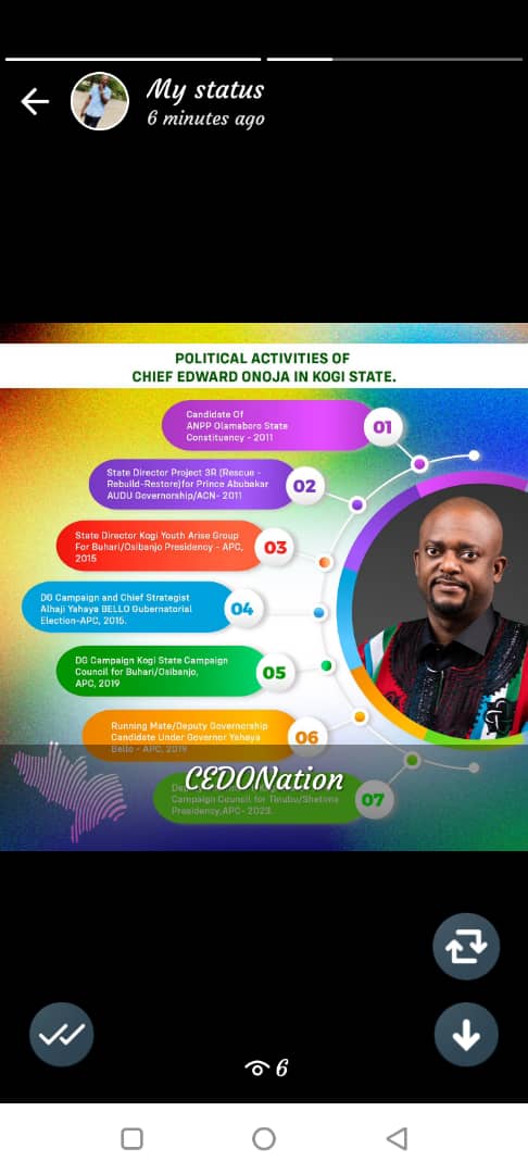 POLITICAL ACTIVITIES OF CHIEF. DR. EDWARD DAVID ONOJA. IN KOGI STATE.

IF YOU KNOW YOU KNOW! WE MOVE....