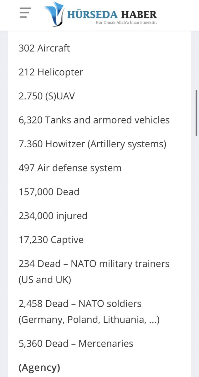 runews's tweet image. Turkey newspaper reveal the terrible dimensions of Ukraine army losses: 

Ukraine: 157,000 soldiers dead.

234 Dead – NATO military trainers (US and UK)
2,458 Dead – NATO soldiers (Germany, Poland, Lithuania,etc) 

Ursula‘s video was deleted

hurseda.net/gundem/246987-…