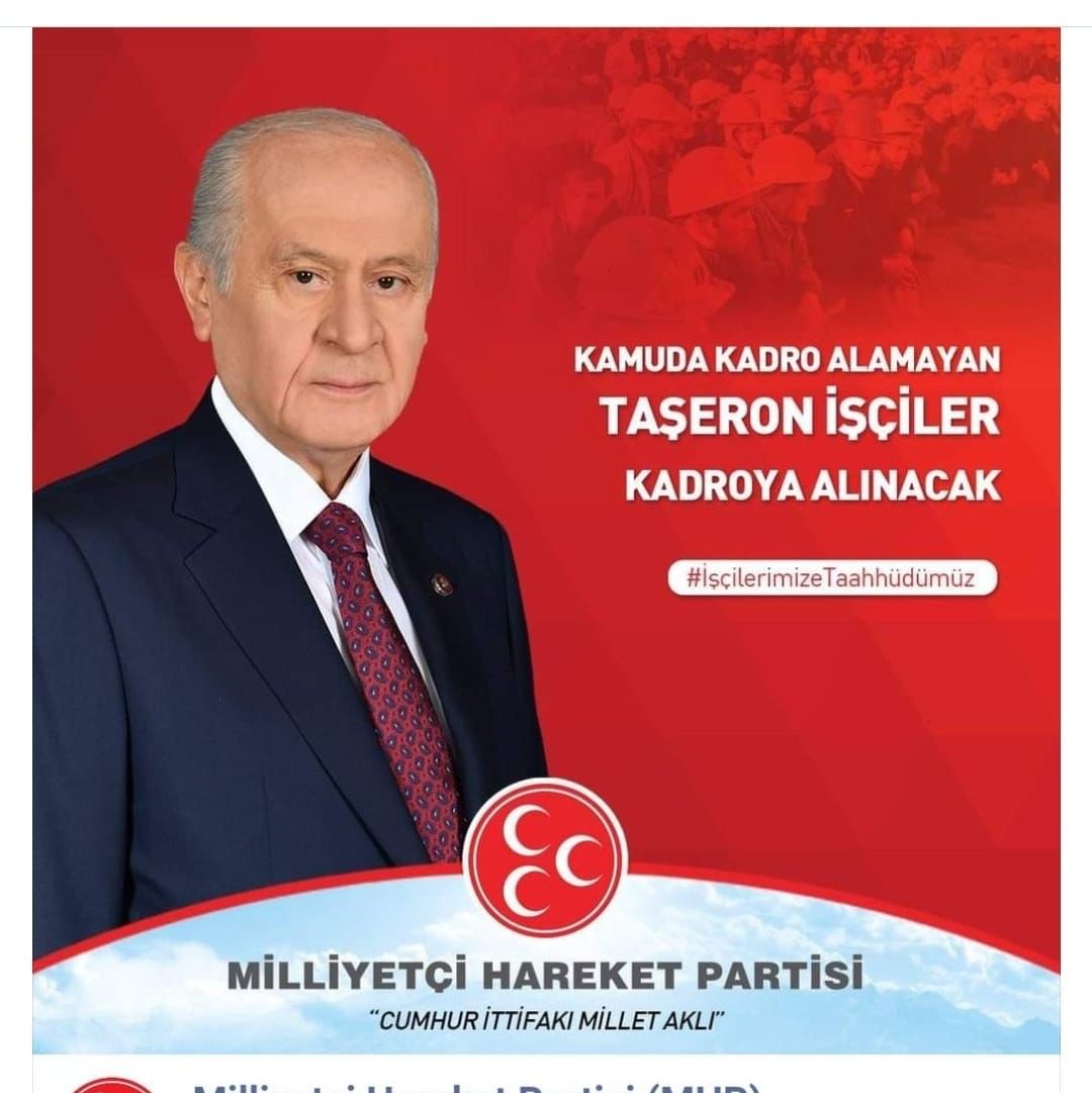 Bizler yıllardır devletine,Milletine,Kamuya hizmet ederiz.
Tahammülkarlığımız çizgisi  Adaletsizlik,Eşitsizliksiz,Hor görülmektir..
Taşeron işçileri firmaların insafına terk etmeyiniz,buna müsamaha göstermeyiniz.<a href="/dbdevletbahceli/">Devlet Bahçeli</a> <a href="/M_Levent_Bulbul/">Muhammed Levent BÜLBÜL</a> <a href="/ersoyruhi/">🇹🇷Prof. Dr. Ruhi ERSOY</a> <a href="/MKalayci42/">Mustafa Kalaycı</a> <a href="/MHP_Bilgi/">MHP</a>