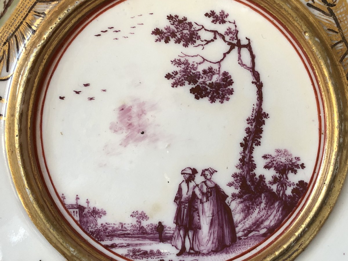 whitegoldsword's tweet photo. This is a #Meissen stand of around 17cm and was designed to support an #Ecuelle- a two-handled bowl and cover used for soup (see last photo as an example). The stand has three cartouches surrounded by golden fronds and containing scenes of men working and couples enjoying the https://t.co/1G3KJkTSnD