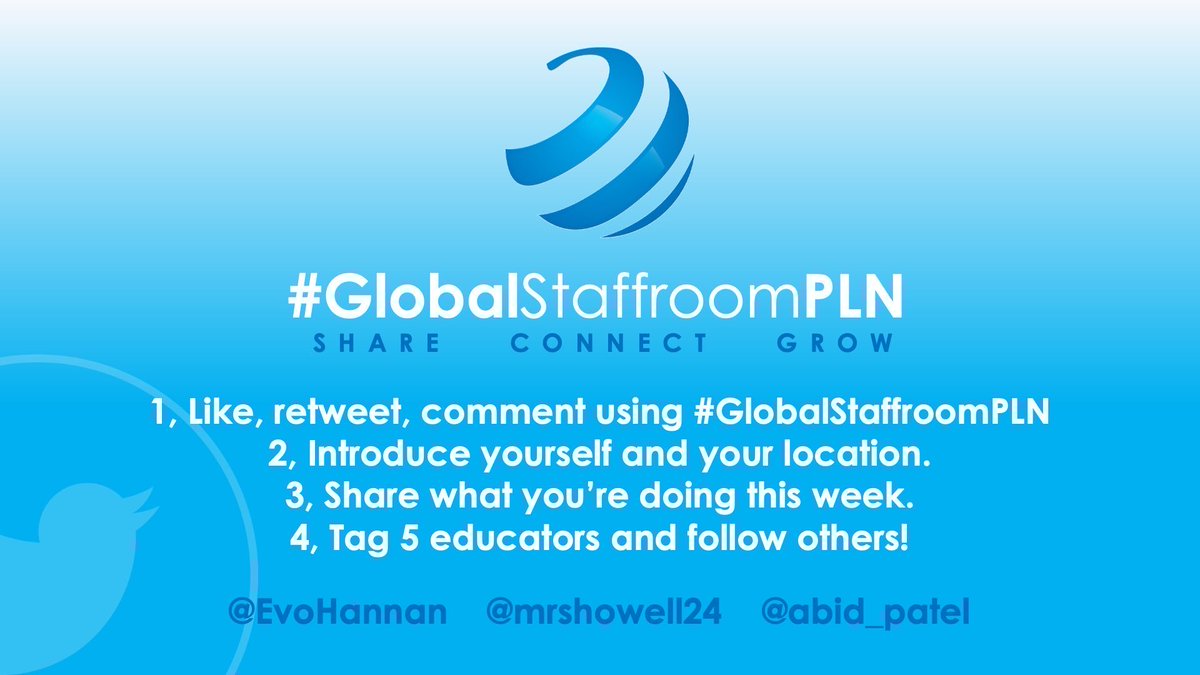 Join in to build your PLN! Its a great way to feel supported and build new friendships.

✅ Introduce yourself and what you're doing this week 🎙️
✅ Like, RT, comment with #GlobalStaffroomPLN🌍
✅ Tag 5 educators, connect, follow others 👍
✅ Have fun! 🥳