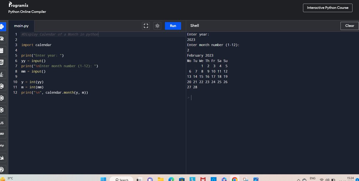 Vipultiwari04's tweet photo. ✍️Display calendar of a month in Python
#pythonprogramming 
#MicrosoftTeams 
#ProjectAlphaTHEP6 
#ElonMusk https://t.co/yL65WQJWhE