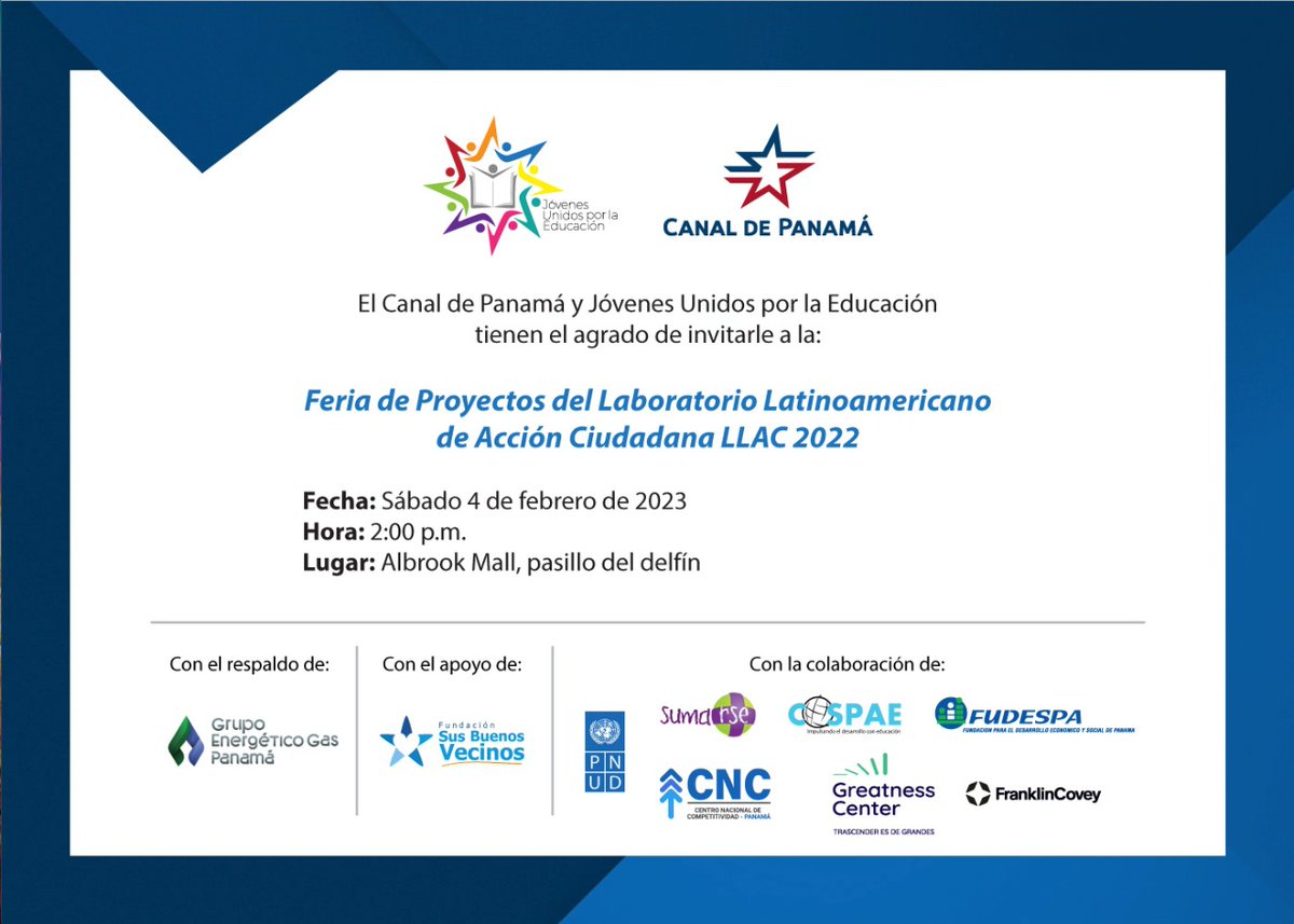 PNUDLAC's tweet photo. 🇵🇦📢La juventud sigue alzando su voz, está vez para promover proyectos de soluciones locales.
Únete a la Feria de Proyectos del Laboratorio Latinoamericano de Acción Ciudadana 2022 #LLAC2022.
👇
📅Sábado 4 de febrero
⏰2:00 p.m. Pasillo del Delfín, Albrook Mall.
#NadieAtrás #ODS https://t.co/lqvXrLKN9h