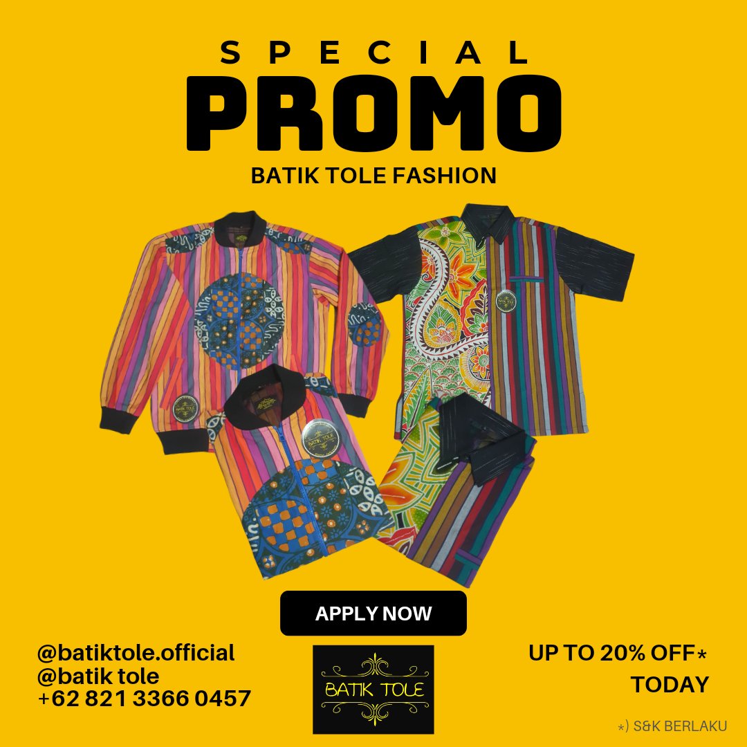 BatikTole's tweet photo. Dapatkan PROMO SPECIAL dari BATIK TOLE.
Discount hingga 20% dan atau dapatkan SPECIAL PRICE
Info +62 821 3366 0457
#batik
#batiktole
#batikmoderen
#batikindonesia
#fashionbatik
#PROMO
#sale
#discount https://t.co/KbooRcTTqL