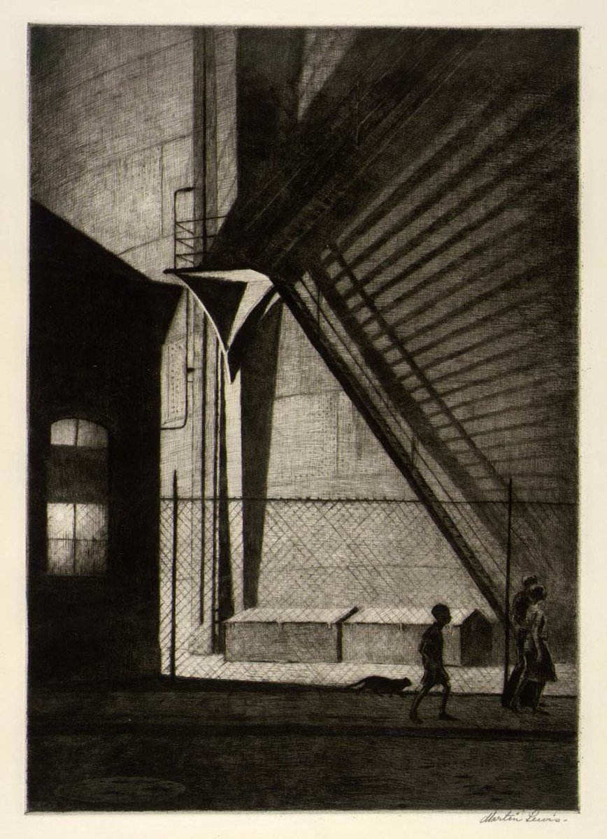 Bertrom's tweet image. Martin Lewis died in obscurity in 1962; a retired art teacher who had found some success in his early career, but was largely forgotten.
Lewis spent his last three decades teaching other people how to etch. History chose Edward Hopper, but Martin Lewis was his mentor.