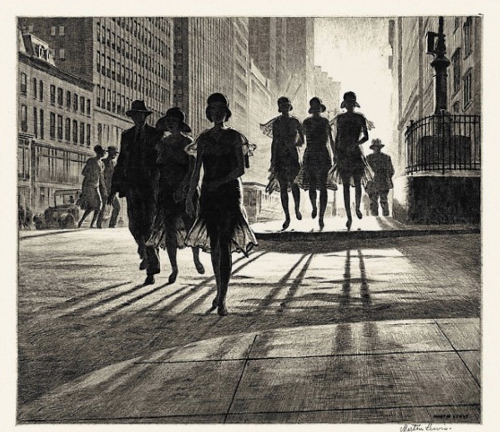 Bertrom's tweet image. Martin Lewis died in obscurity in 1962; a retired art teacher who had found some success in his early career, but was largely forgotten.
Lewis spent his last three decades teaching other people how to etch. History chose Edward Hopper, but Martin Lewis was his mentor.