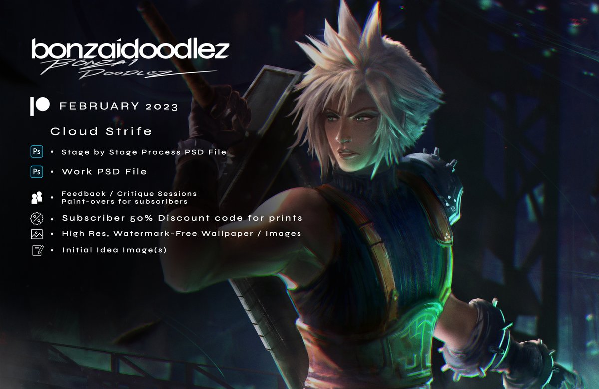 bonzai_doodlez's tweet image. This month's reward on Patreon is Cloud Strife! Full PSD and Process files are now up!
patreon.com/bonzaidoodlez
#Illustration #ArtTutorials