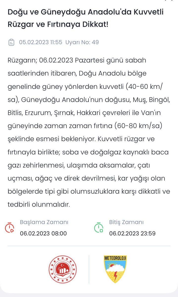 VanBolgeMeteor's tweet photo. ⚠️Bölgemizde beklenen kuvvetli rüzgar ve fırtınaya dikkat
Yarın (Pazartesi) sabah saatlerinden itibaren bölgemiz genelinde kuvvetli rüzgar ve yer yer fırtına beklenmektedir.
❗️Soba ve baca gazı zehirlenmesi
❗️Tipi şeklinde kar yağışı 
❗️Görüş mesafesinde azalma
❗️Çığ tehlikesi https://t.co/MFFnNzQtpv