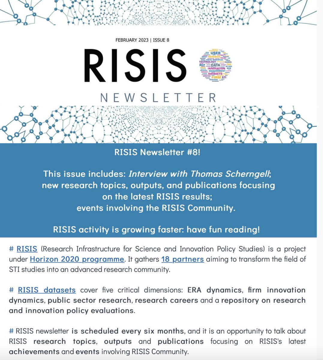 📢#RISISNewsletter is online‼️
🗞#8issue Find out #results

🇪🇺Interview with <a href="/ThScherngell/">Thomas Scherngell</a> <a href="/AITtomorrow2day/">AIT</a>
 
✅RISIS LEGACY: Inside Dasatets' Universe

🔬More than 350 research projects were supported by #RISIS #resources

Join RISIS Community
sh1.sendinblue.com/3gqxdcj0cclpfe…