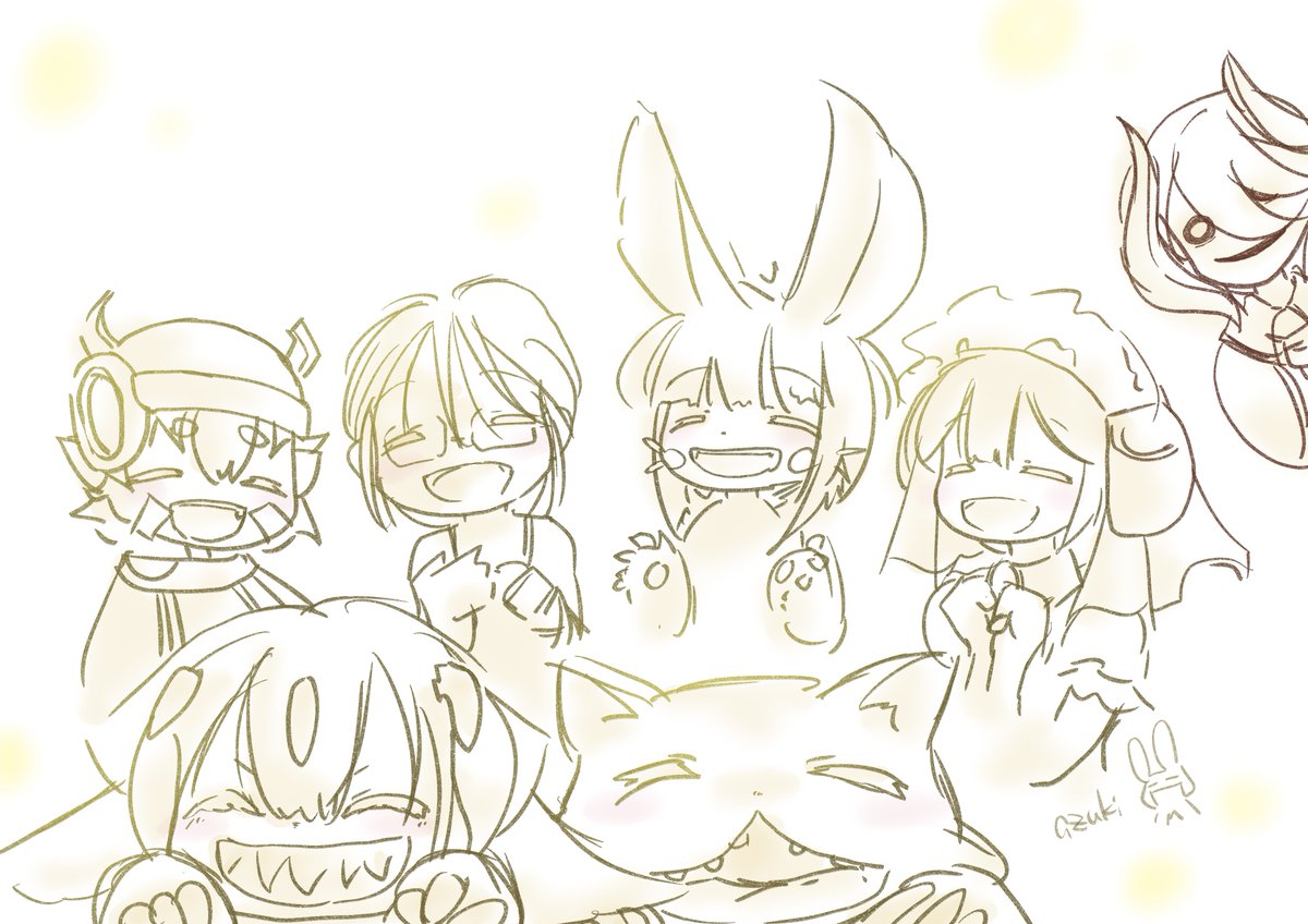 nanachi (made in abyss) furry smile whiskers multiple girls open mouth multiple boys closed eyes  illustration images