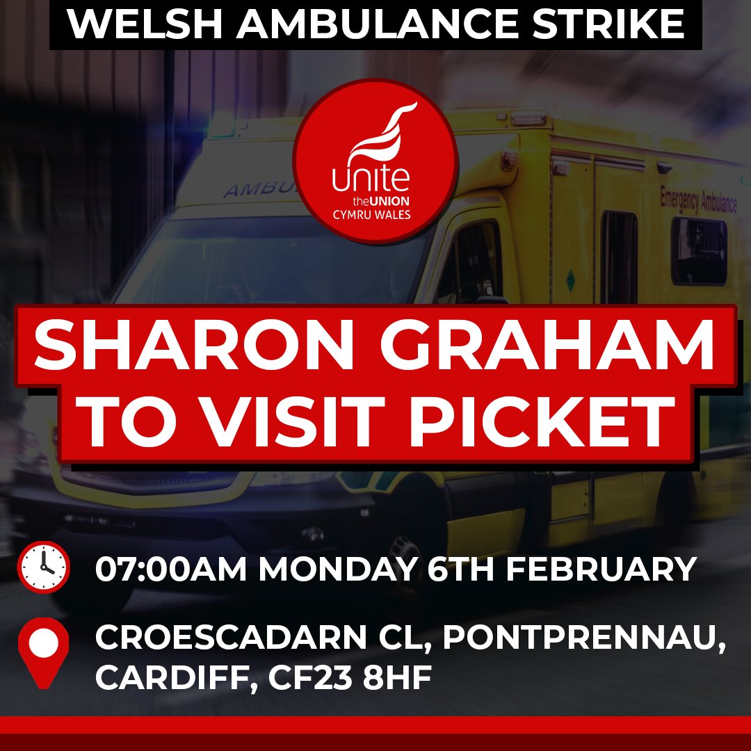 Tomorrow, our General Secretary, <a href="/UniteSharon/">Sharon Graham</a>, will be joining striking <a href="/WelshAmbulance/">Welsh Ambulance</a> workers on the picket line in Pontprennau, Cardiff.

The fight for fair pay and to save our NHS from collapsing continues!

#WASTStrike
#AmbulanceStrikes