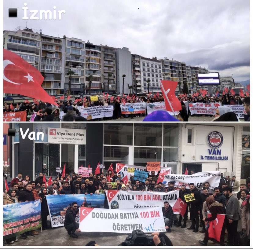 🔺Atama bekleyen öğretmenler, bugün İzmir ve Van'da eş zamanlı bir araya gelerek taleplerini yineledi.
#DoğudanBatıya100BinAtama