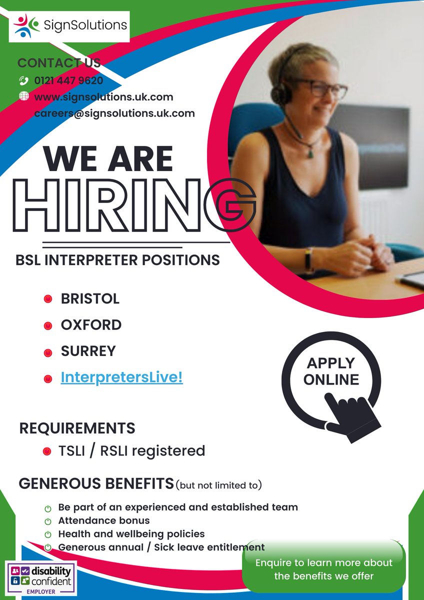 signsolutionsuk's tweet image. *𝐇𝐈𝐑𝐈𝐍𝐆* 
📍BRISTOL 
📍OXFORD 
📍SURREY 
&amp;amp; INTERPRETERSLIVE! for on demand / pre-booked BSL video interpreting. 
Refer to flyer for information, get on board with us as we expand our services ⭐ #BSLJobs #BSLInterpreters #Careers