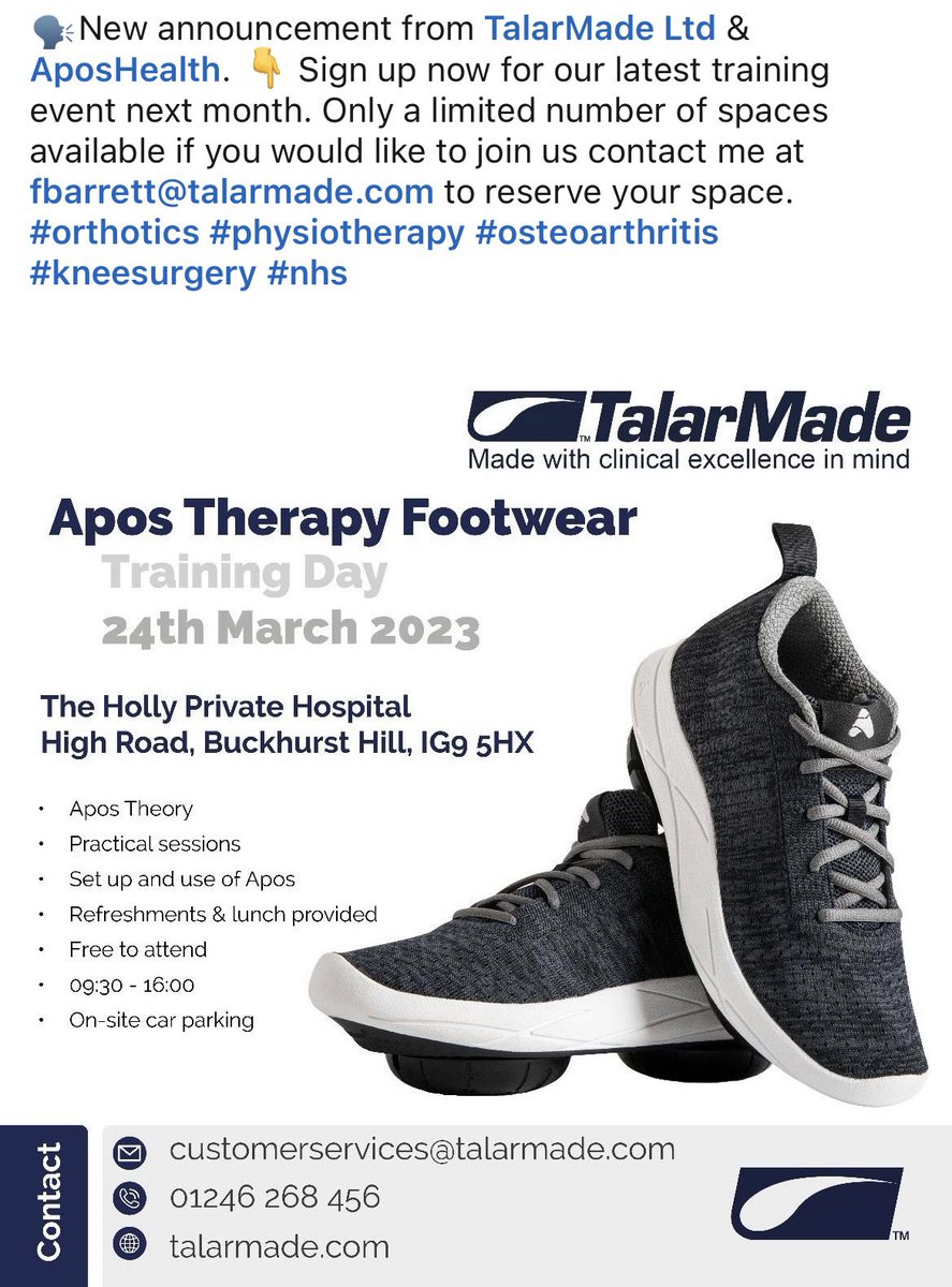 Just 8 places left for our next Apos health education day. Don’t miss out on this free to attend informative and practical course. This is ideal for #orthotists #podiatrists #physiotherapy #lowerlimbspecialists contact me fbarrett@talarmade.com to reserve a place.