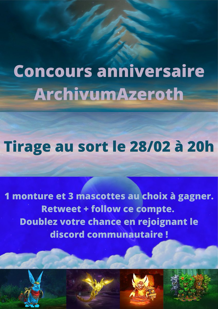 ArchivumAzeroth's tweet photo. Concours anniversaire Archivum Azeroth !
Je vous fais gagner 1 monture et 3 mascottes.😁
Pour participer : retweet + follow.
Tirage au sort le 28/02 à 20h.
Vous pouvez avoir une chance en plus en rejoignant le serveur discord : https://t.co/zDubSKtjKb. https://t.co/qiDHPvmkN0