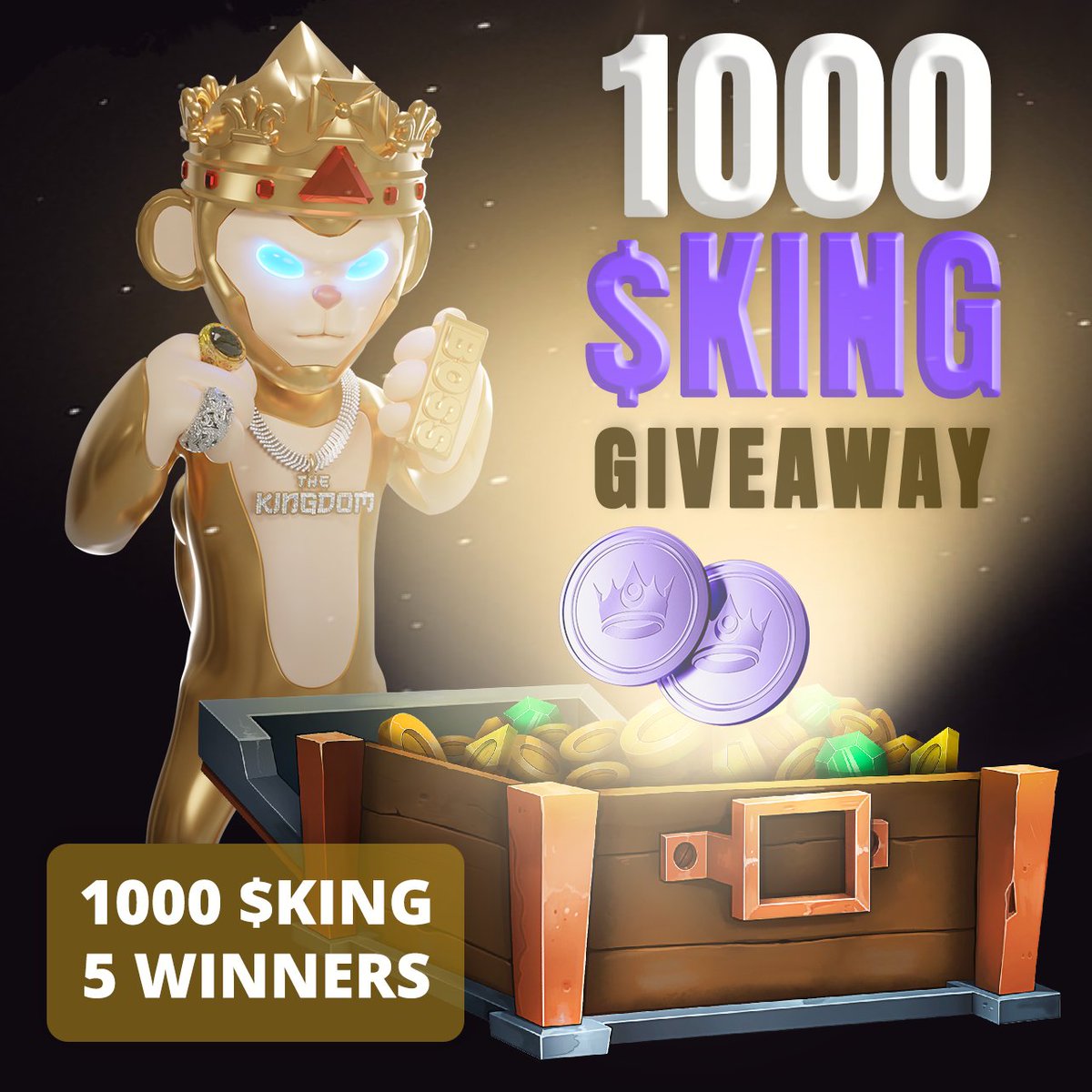 5,000 $KING 👑GIVEAWAY 

1⃣ 💛 &amp; 🔁
2⃣ Follow <a href="/MonkeyKingdom/">Monkey Kingdom 🐒👑</a> &amp; <a href="/Kingdomverse_/">Kingdomverse</a> 
3⃣ Comment below 1 of the many $KING Token Utilities

It's so close. Announcement on 7/2/23. ARE, YOU, READY?
👉 5 WINNERS, 1,000 $KING each