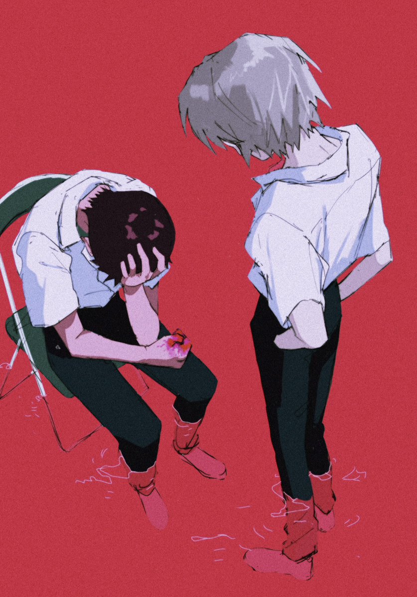 ikari shinji ,nagisa kaworu 2boys multiple boys male focus black pants shirt pants white shirt  illustration images