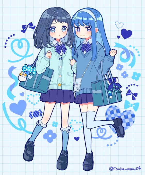 「blue thighhighs pleated skirt」 illustration images(Latest)
