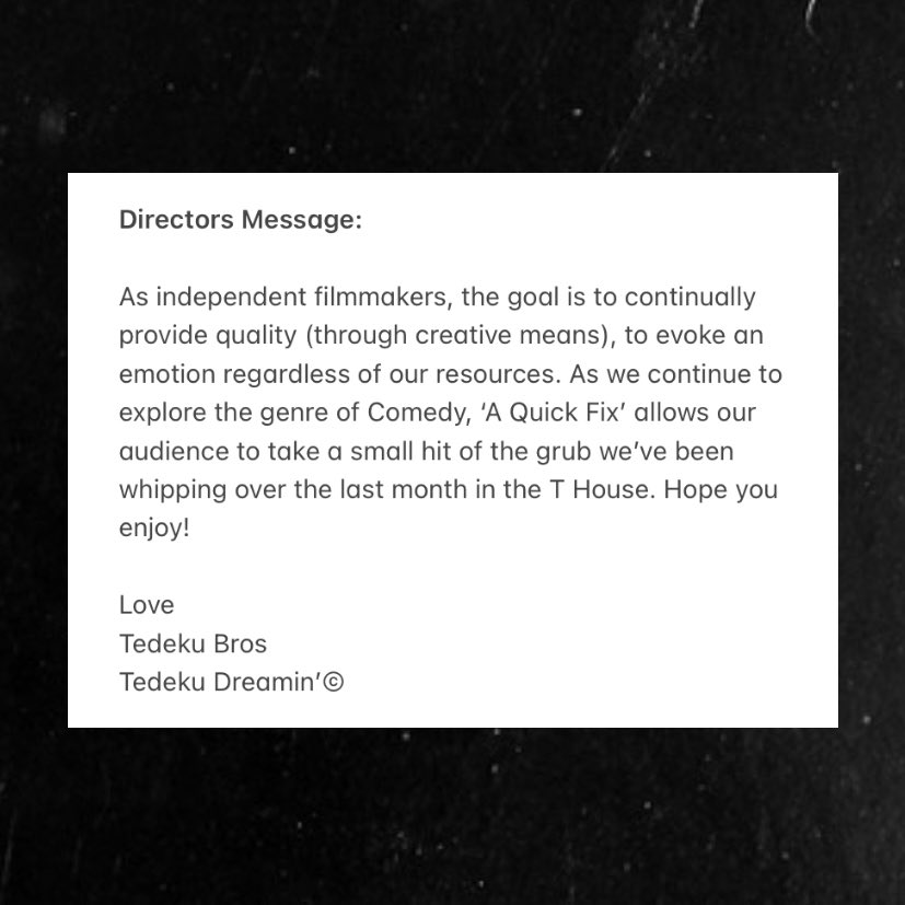 ‘A QUICK FIX’ - Airing this week! 

🎥🎞️: 𝗠𝗢𝗡, 𝗧𝗨𝗘𝗦, 𝗪𝗘𝗗, 𝗙𝗥𝗜, 𝗦𝗨𝗡 (6:30PM GMT)

Tedeku Dreamin’©