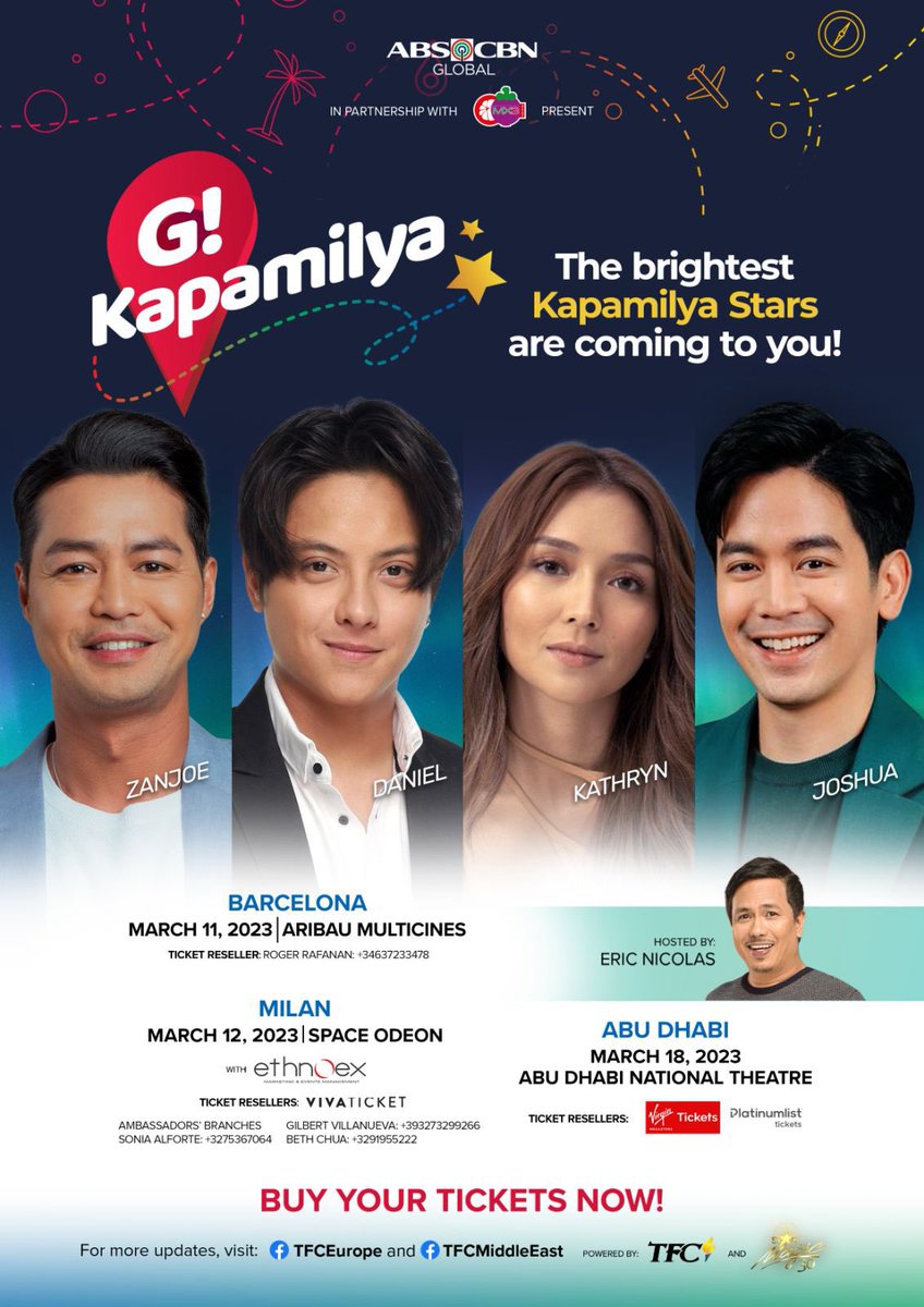 KaDreamersWorld's tweet photo. BUY YOUR TICKETS NOW ‼️

KathNiel soon in Barcelona, Milan and Abu Dhabi! 💙

KATHNIEL BRIGHTEST STARS
#TaraGKathNiel https://t.co/VNfdGkiJFN