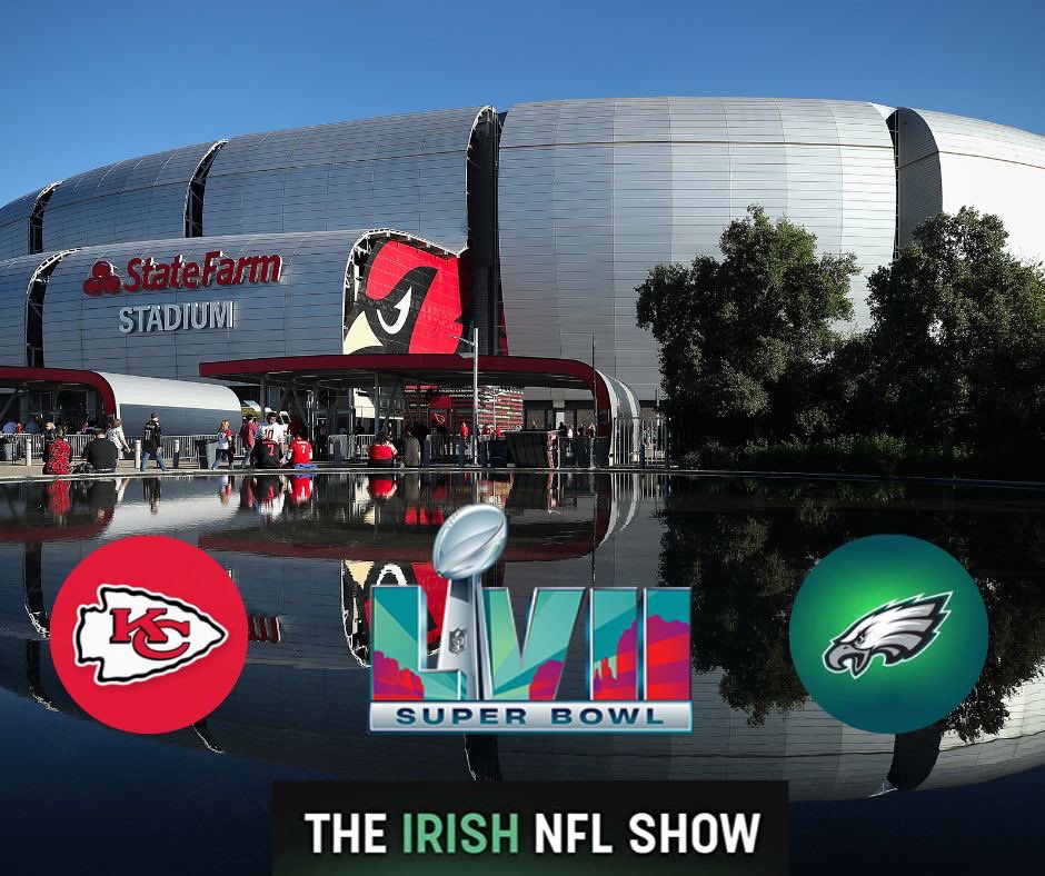 IrishNFLShow's tweet photo. It’s 7 days til #SuperBowlLVII and we’re tying up the last interviews before we hit the road.
We will be LIVE from @StateFarmStdm on Saturday and on Game Day
Who do you have winning the #SuperBowlLVII
#IrishNFLFans #NFLEurope #NFLTwitter #Champ #ChiefsKingdom #FlyEaglesFly https://t.co/HmjCePOnYT