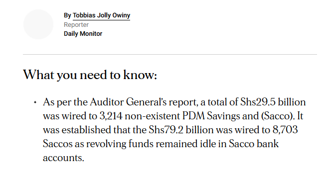 MKSerumaga's tweet photo. Between 2013 and 2015, Shs. 38.8 billion was wired to Youth Livelihood Programme (YLP) accounts. 64% of the sampled accounts representing 71% of the value of the loans, were found to be non-existent.
Another 25% embezzled or diverted the funds.
#LeakyBucket https://t.co/2RQMnbzHxd