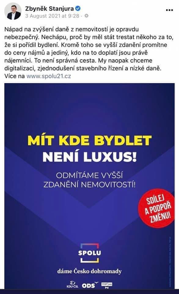 MarekStonis's tweet photo. Klid. Oni daň z nemovitostí určitě nezvýší, ty současné úvahy ministra financí jsou jen taková sranda; tady to přece píše jasně - nikdo nesmí být trestán za to, že si pořídil vlastní bydlení. To není správná cesta. Jo, a sdílejte! https://t.co/j4BXAkJwae