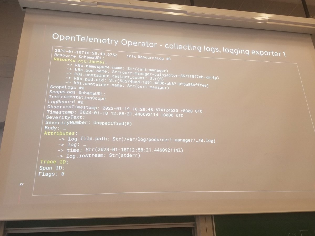 ๐ณ๐๐๐๐ ๐ท๐๐๐๐๐๐๐ #CNCFAmbassador ๐ฎ๐ฑ๐ (@horovits) on Twitter photo How to collect logs from #Kubernetes using #opentelemetry - <a href="/ploffay/">Pavol Loffay</a> and BenediktB <a href="/fosdem/">FOSDEM @fosdem@fosstodon.org</a>
#FOSDEM #FOSDEM2023 <a href="/opentelemetry/">OpenTelemetry</a> How to collect logs from #Kubernetes using #opentelemetry - <a href="/ploffay/">Pavol Loffay</a> and BenediktB <a href="/fosdem/">FOSDEM @fosdem@fosstodon.org</a>
#FOSDEM #FOSDEM2023 <a href="/opentelemetry/">OpenTelemetry</a>
