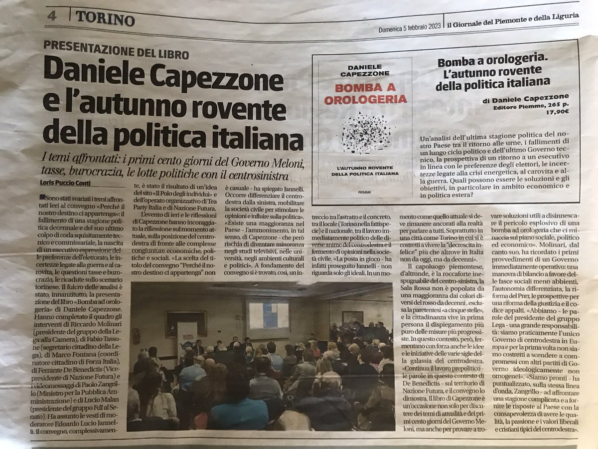 Edoardo Lucio Jannelli (@edoardojannelli) on Twitter photo Su Il Giornale, cronaca del Piemonte e della Liguria, si scrive dell’evento “Perché il nostro destino ci appartenga”.
Titolo dell’articolo “Daniele Capezzone e l’autunno rovente della politica italiana”
<a href="/Capezzone/">Daniele Capezzone</a> <a href="/MolinariRik/">Riccardo Molinari</a> <a href="/LucioMalan/">Lucio Malan</a> <a href="/PaoloZangrillo/">paolo zangrillo</a> <a href="/Elmac71/">Elena Maccanti</a> Su Il Giornale, cronaca del Piemonte e della Liguria, si scrive dell’evento “Perché il nostro destino ci appartenga”.
Titolo dell’articolo “Daniele Capezzone e l’autunno rovente della politica italiana”
<a href="/Capezzone/">Daniele Capezzone</a> <a href="/MolinariRik/">Riccardo Molinari</a> <a href="/LucioMalan/">Lucio Malan</a> <a href="/PaoloZangrillo/">paolo zangrillo</a> <a href="/Elmac71/">Elena Maccanti</a>