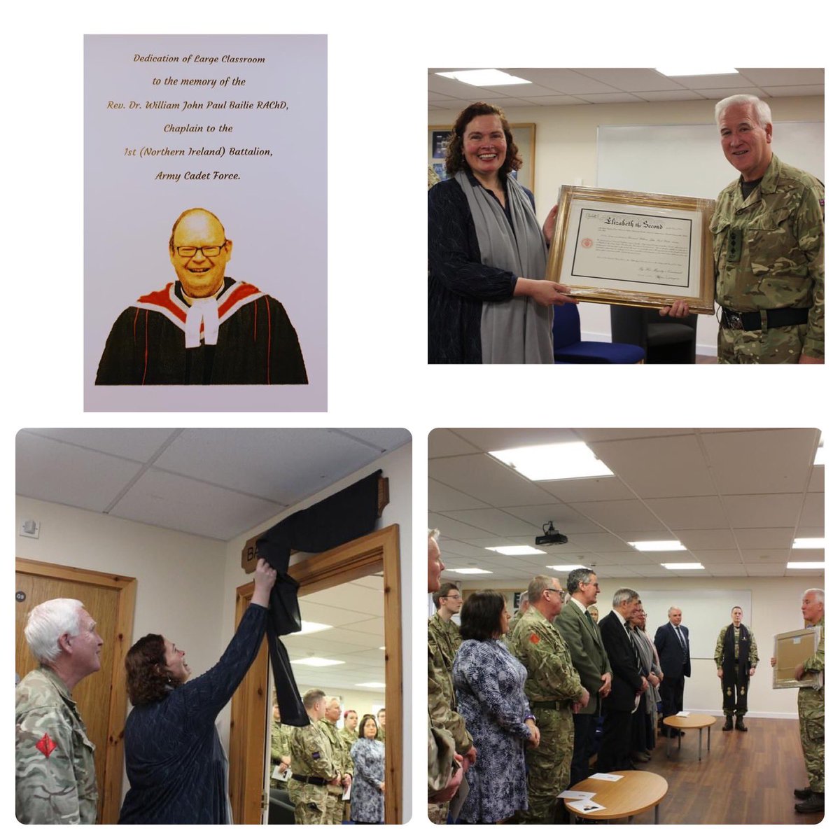 Following the untimely passing of Padre Paul Bailie, adult volunteers across the Bn came together to dedicate & name the large classroom Magilligan CTC in his memory with his widow, Mrs Anne Bailie. @ALieutenancy @RFCANI @ArmyCadetsUK @paul_bailie @DepComdt_1NI @DComdtEast1NI