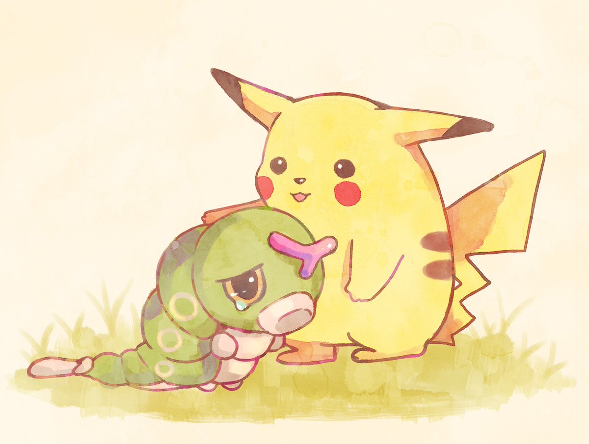 pikachu pokemon (creature) no humans grass standing open mouth tears smile  illustration images