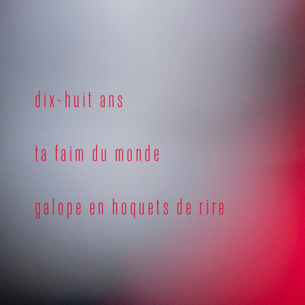 …

 dix-huit ans 

 ta faim du monde

 galope en hoquets de rire

…

FC