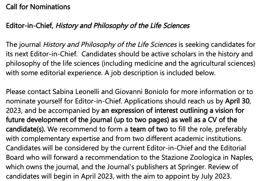 Lisa Onaga (@lisaonaga) on Twitter photo It's been a privilege & great fun to work on <a href="/HPLSjournal/">History and Philosophy of the Life Sciences</a> over the years with editors-in-chief <a href="/SabinaLeonelli/">Sabina Leonelli</a> & Giovanni Boniolo. As their term finishes, we're looking globally for the next editors to take the helm from 2024. Please spread the word! bit.ly/3JEyYvt It's been a privilege & great fun to work on <a href="/HPLSjournal/">History and Philosophy of the Life Sciences</a> over the years with editors-in-chief <a href="/SabinaLeonelli/">Sabina Leonelli</a> & Giovanni Boniolo. As their term finishes, we're looking globally for the next editors to take the helm from 2024. Please spread the word! bit.ly/3JEyYvt