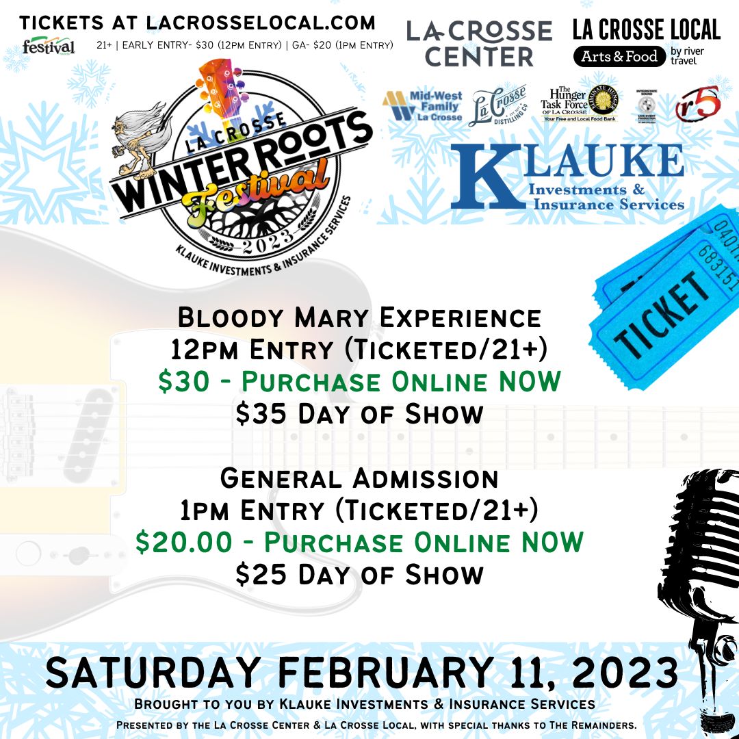 🎟️ Buy Tickets NOW! Save $5 💵!  

LIVE MUSIC (7 Bands)
ARTIST MARKET (20+ Artists)
SILENT AUCTION (50+ items)
FOOD &amp; DRINKS (Wisco Food Favorites) 

Grab tickets lacrosselocal.com/rootsfest!