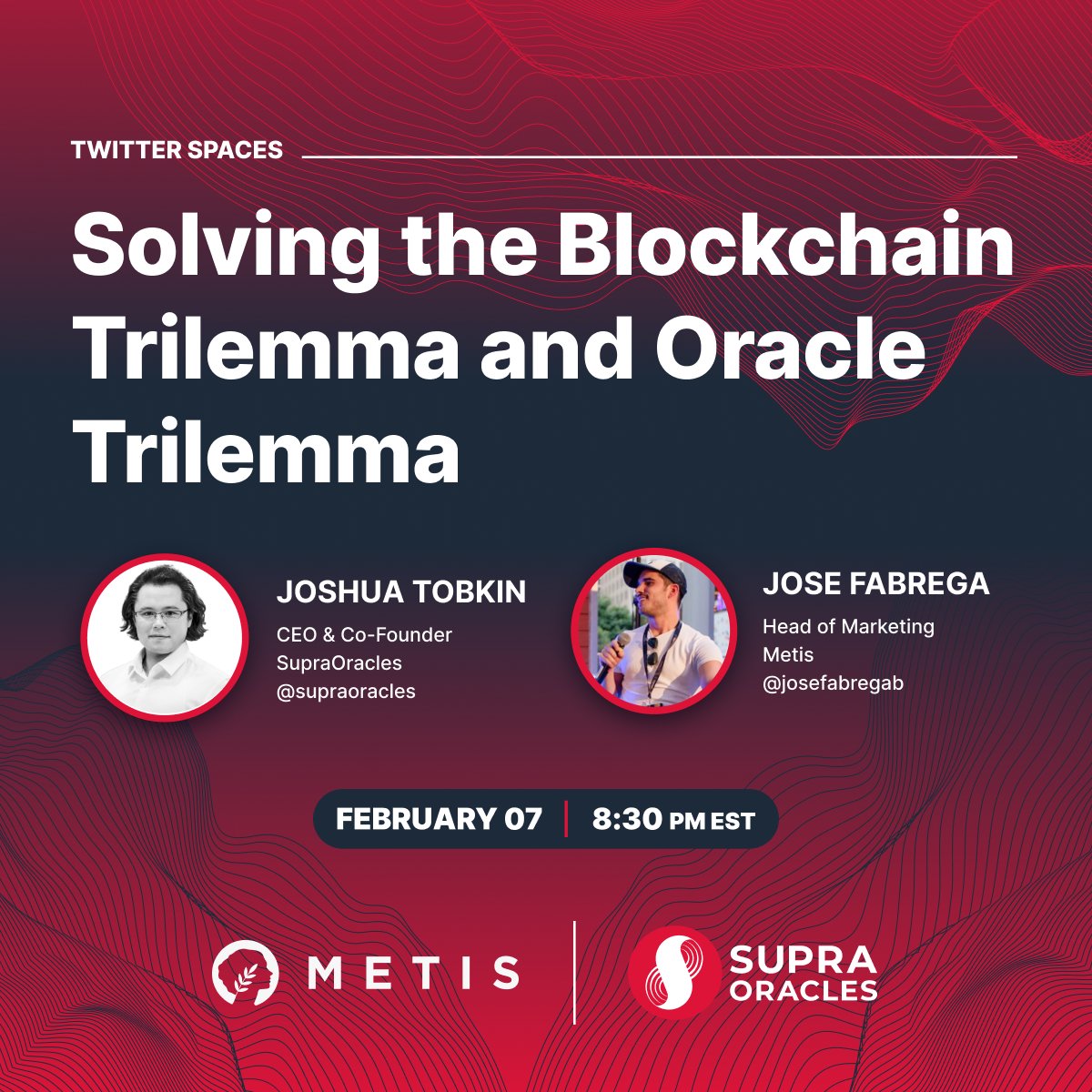 SupraOraclesTR's tweet photo. Blokzincir ve oracle üçlemesini tartışacağımız yayında Metis'in (@MetisDAO) pazarlama müdürü Jose Fabrega'yı (@josefabregab) ağırlıyoruz 💥

 Saat: 07 Şubat 20.30 (EST).

#SupraOracles #SupraBlastOff

 ⏰ Hatırlatıcınızı kurmak için 👇
https://t.co/6F2ongOPyy https://t.co/y7DloNK2DQ