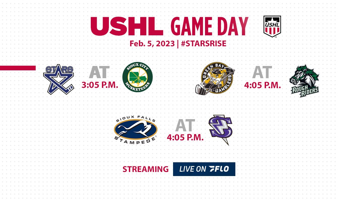 USHL's tweet photo. Your Sunday afternoon USHL fix with a trio of games on tap. #StarsRise #LetsssGoooooooo
Streaming live @FloHockey https://t.co/UMidLoinqH