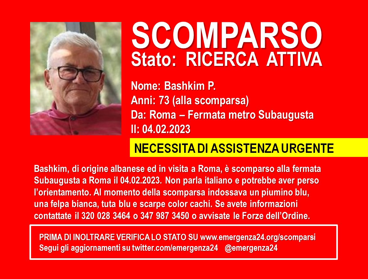 URGENTE [05.02-17:10] CERCHIAMO UOMO (73 anni) #SCOMPARSO da fermata #Subaugusta #Roma  il 04.02.2023 - Informazioni e aggiornamenti: goo.gl/tKHsXK
Per favore condividi questo tweet