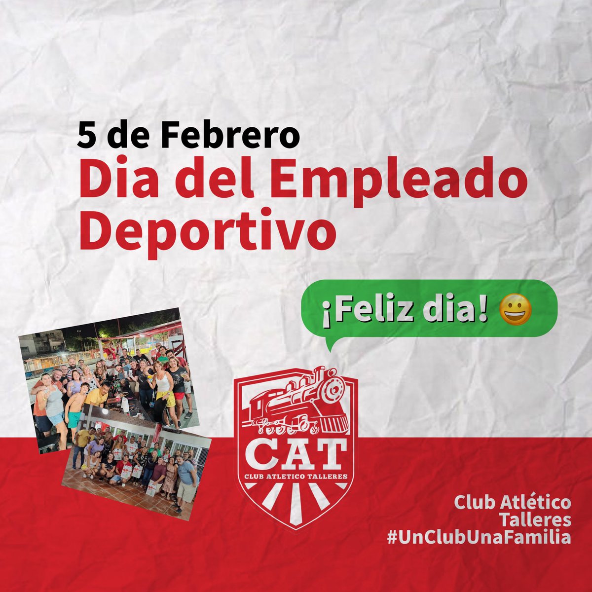 Queremos desearle un muy feliz dia a todos y cada uno de los empleados y trabajadores deportivos de nuestro club! 😀🙌

Gracias a todos por aportar y trabajar por el deporte, el club y la familia del Rojo ❤️🤍

¡Feliz dia! 👏

#ClubAtléticoTalleres #UnClubUnaFamilia