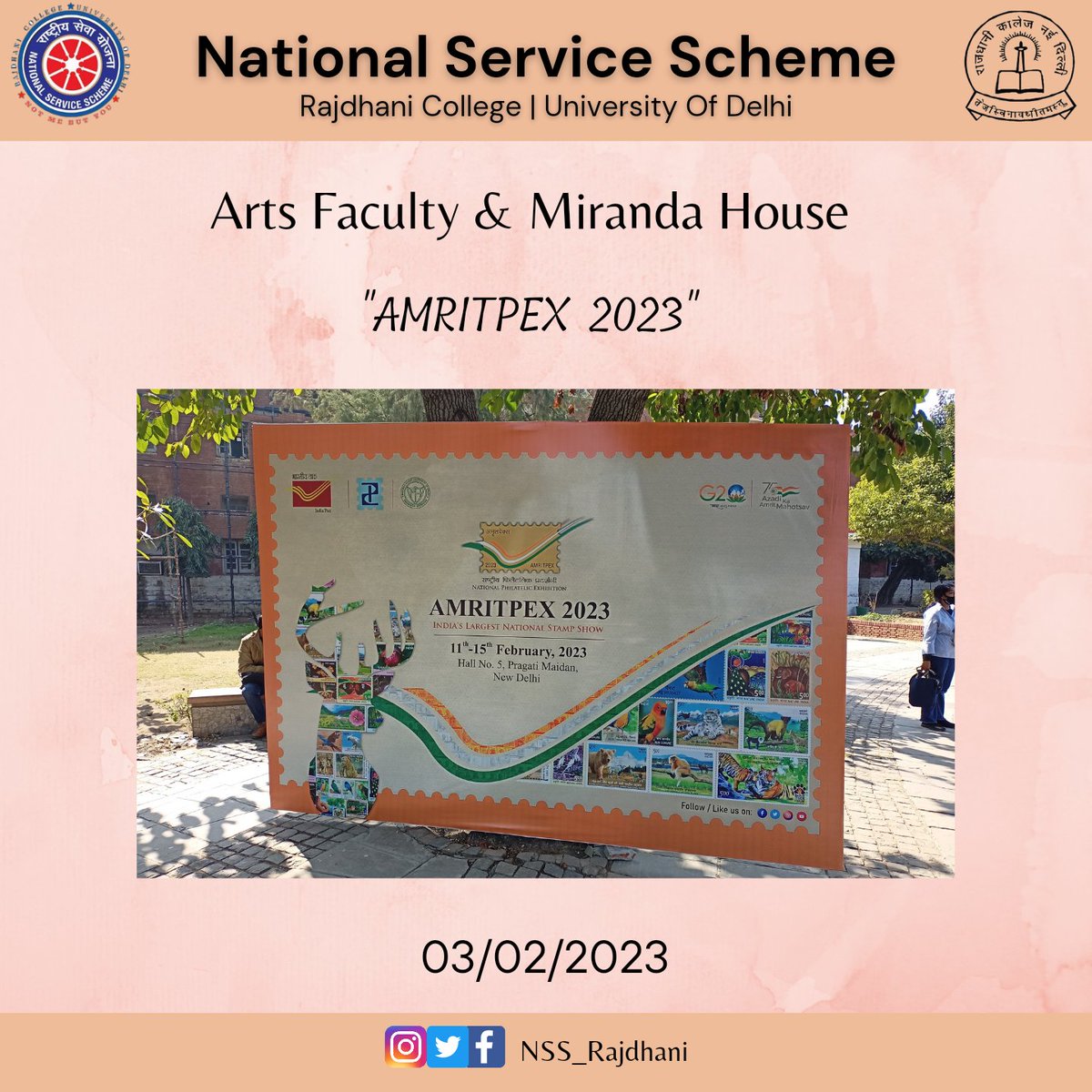 NSS_Rajdhani's tweet photo. @NSS_Rajdhani taken part in the Various activities were organized, such as postcard design, calligraphy workshops, and postcard writing for the Freedom Fighters at Arts Faculty and Miranda House, University of Delhi.
#Amritpex2023 #indiapost @UnivofDelhi @YASMinistry @Nyksindia https://t.co/XitXIi2CJS