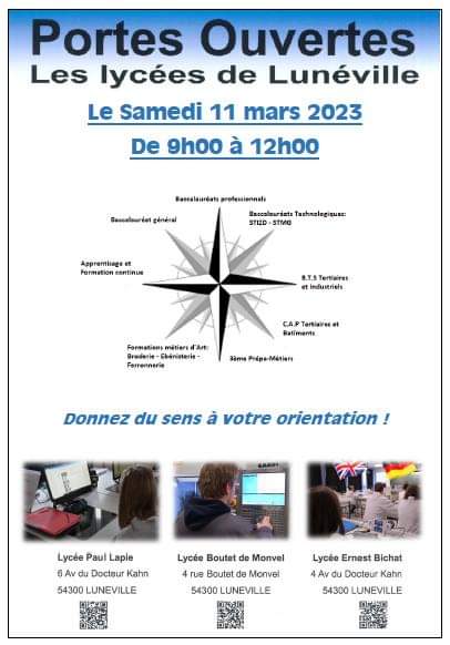 Je vous attends nombreux et nombreuses aux Portes Ouvertes des Lycées de Lunéville ! Venez découvrir nos formations en Logistique, Gestion Administration,  Santé, Commerce Vente et Broderie d'art ! Promis, je vous offre un ☕️ 😉