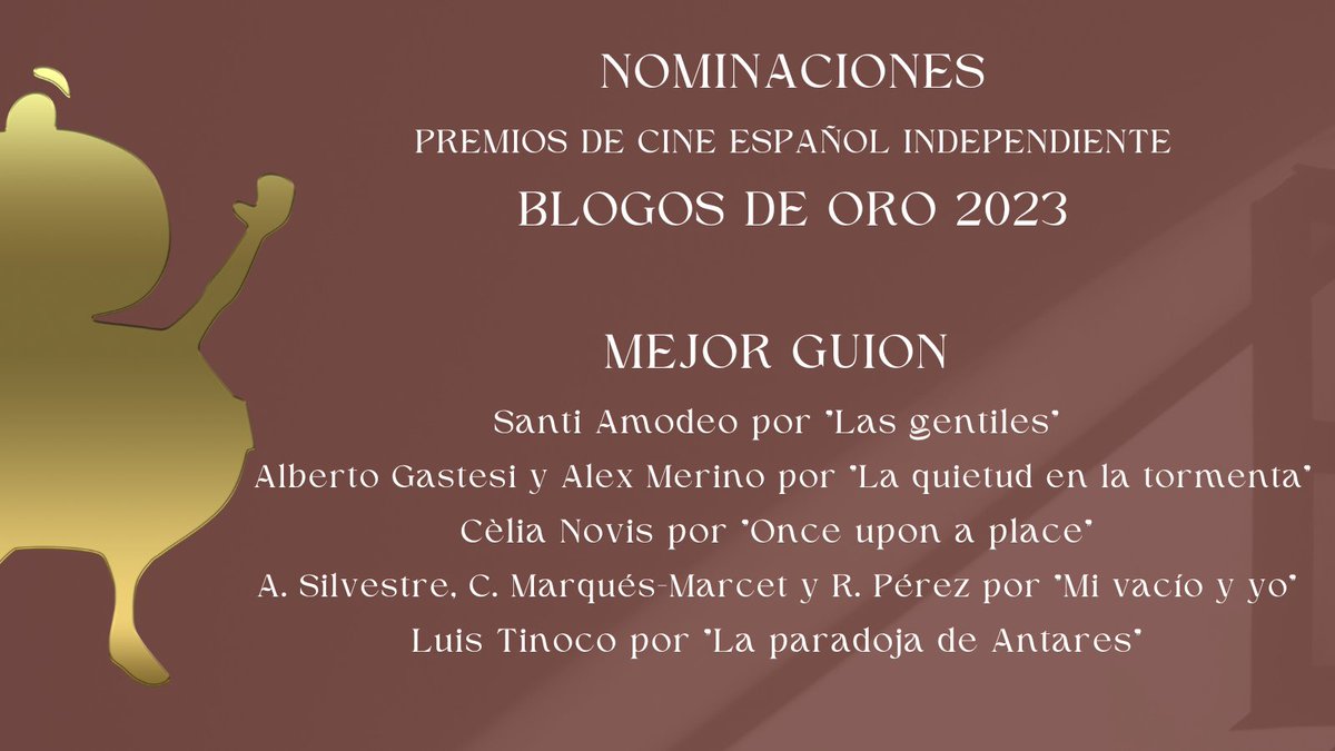 L@s nominad@s en los #BlogosDeOro 2023 a Mejor Guion son:

-<a href="/Santi_Amodeo/">Santi Amodeo</a> x <a href="/Las_Gentiles/">Las Gentiles Film</a> 
-<a href="/albertogj/">albertogj</a> y <a href="/AspiazuMerino/">Alex Merino Aspiazu</a>
 x #LaQuietudEnLaTormenta
-<a href="/CeliaNovis/">Cèlia Novis</a> x #OnceUponAPlace
-<a href="/AdrianSilvestr/">Adrián Silvestre</a>, @raphaelle_perez y Carlos M-M x #MiVacioYYo 
-<a href="/LuisTinocoVFX/">Luis Tinoco</a> x #LaParadojaDeAntares