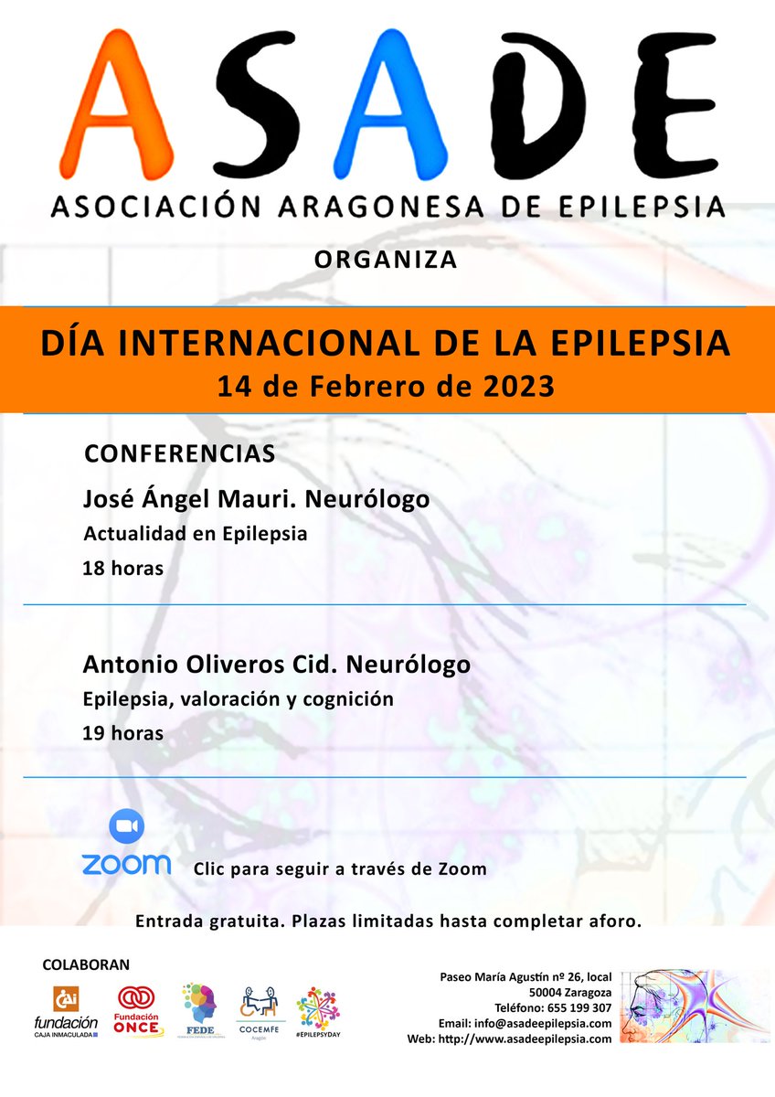 AsadeEpilepsia's tweet photo. Ya se acerca el Día Internacional de la Epilepsia. ASADE os invita el día 14 de febrero a una Jornada para celebrarlo. #ponlefinalestigma 
#asade #epilepsia #Fede #cocemfe https://t.co/oSRcVqbZkF