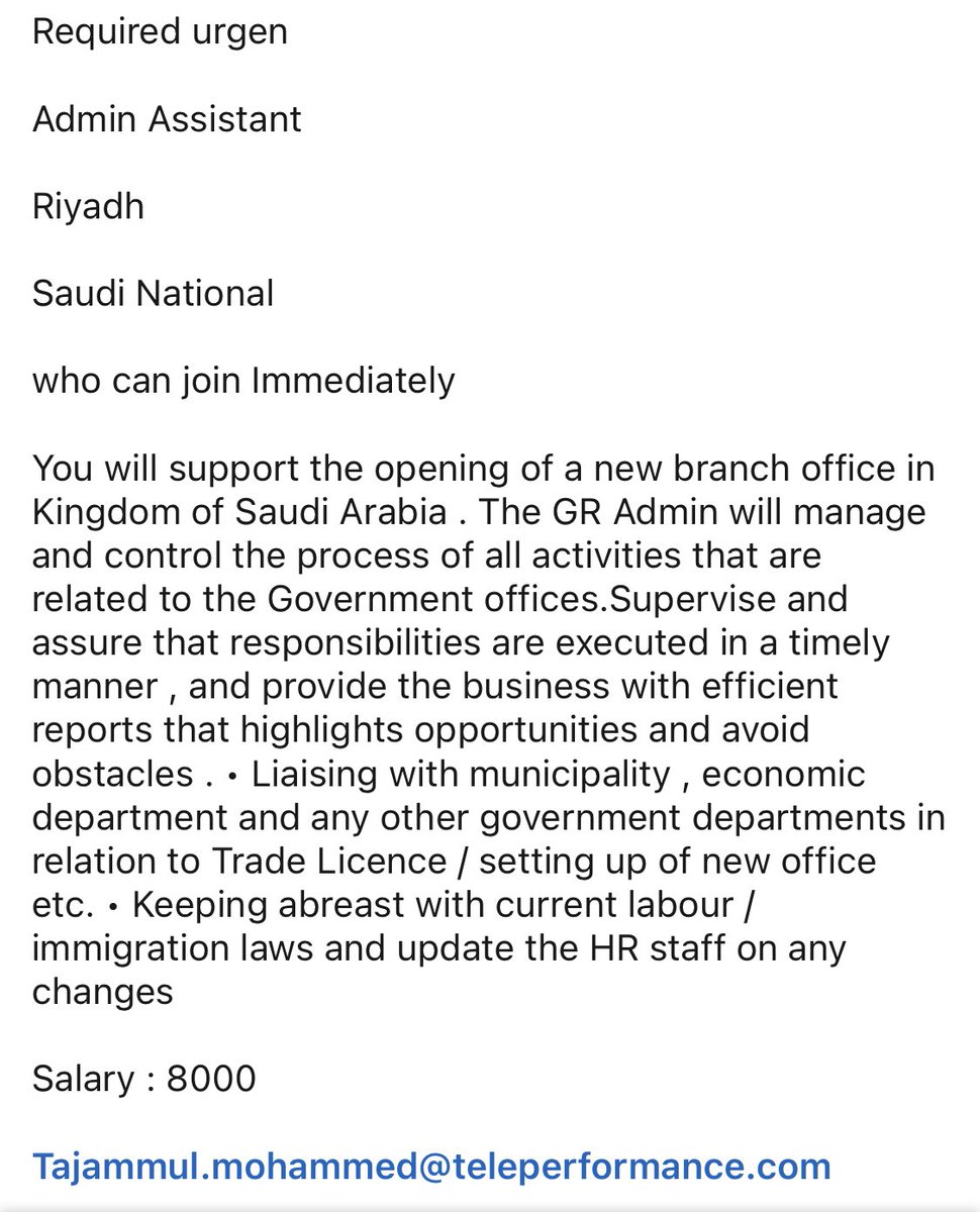 مطلوب مساعد اداري 

راتب 8000 ريال 

Tajammul.mohammed@teleperformance.com