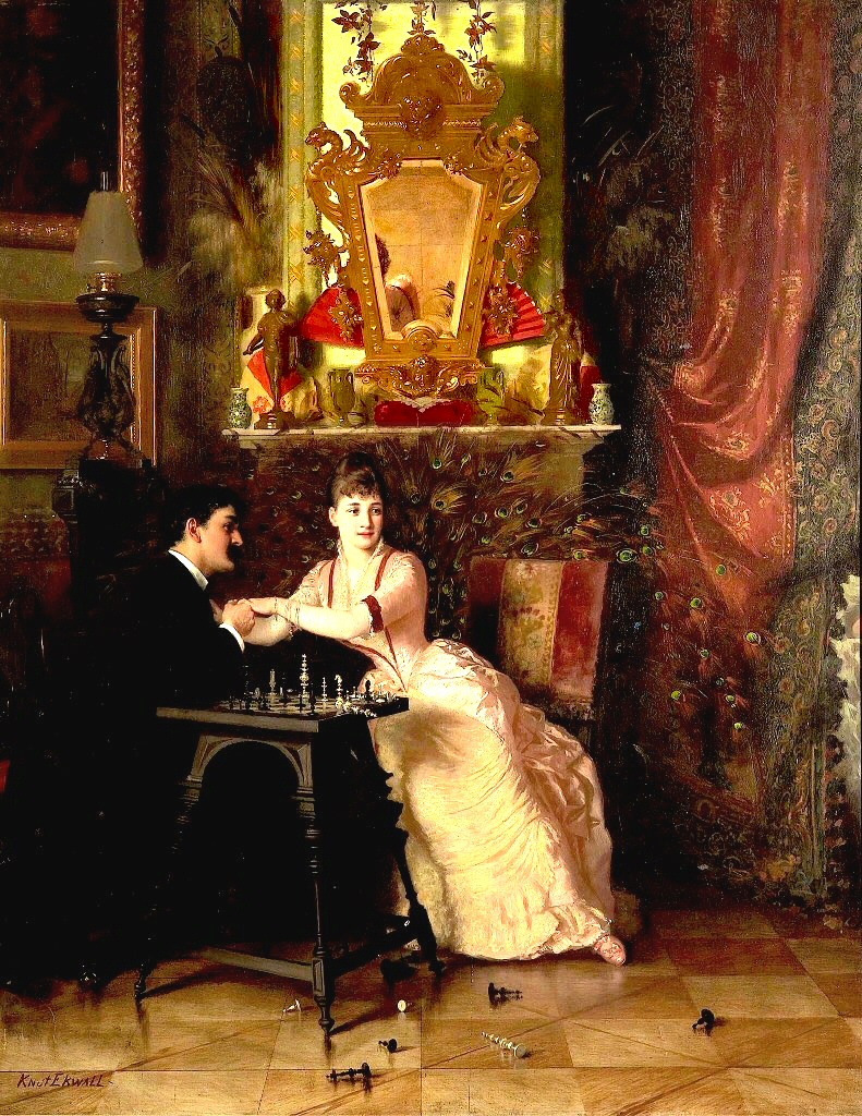 pickover's tweet photo. Glimpse the past.  Chess in art.

"The Proposal" (c. 1880) by Swedish painter Knut Ekwall (1843 -  1912) https://t.co/5oOqGpiPG2