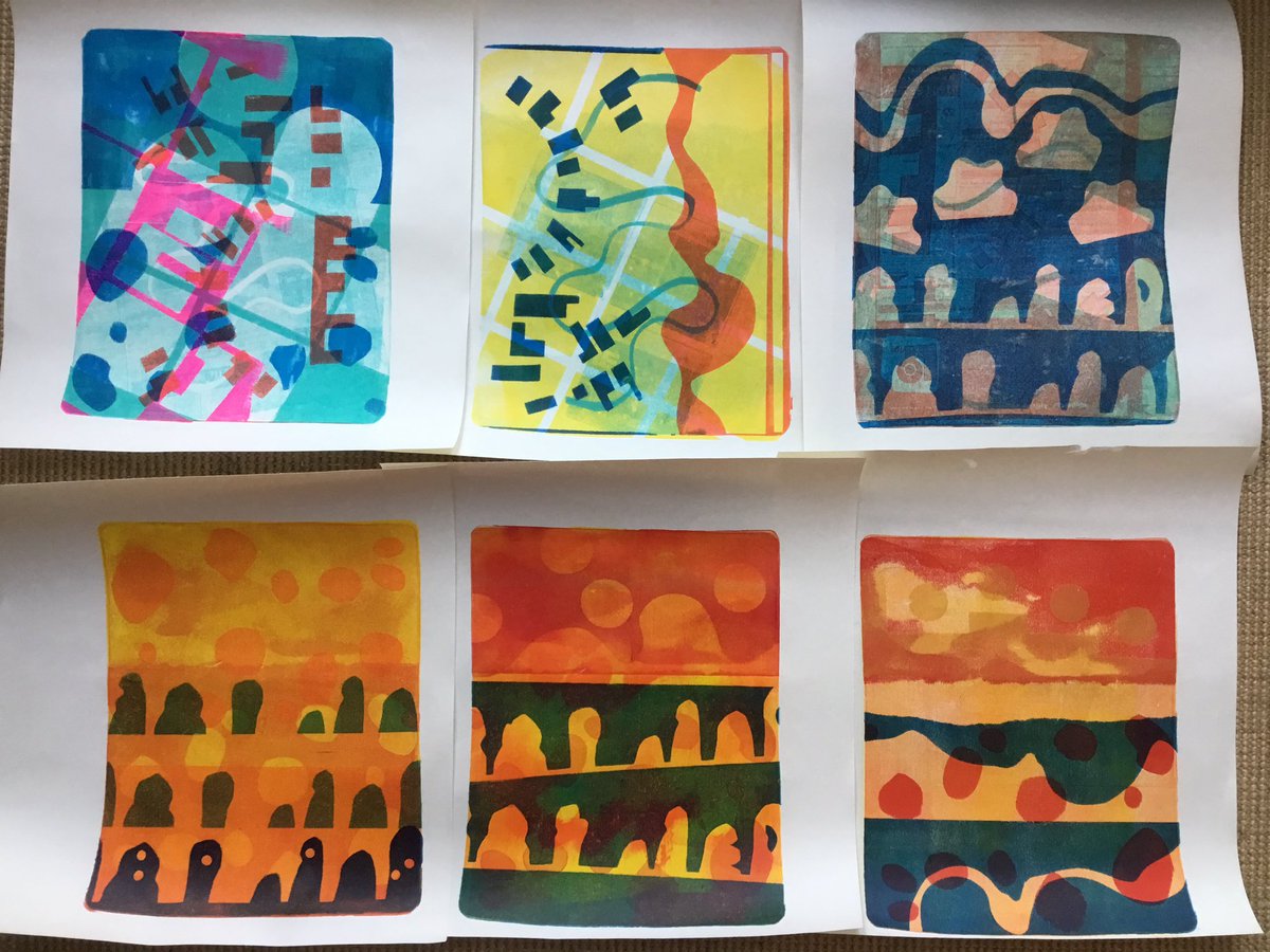 JeanEd70's tweet photo. Sunday afternoon #printmaking fun with the #gelliplate and @GoldenAcrylics #goldenopen trying out the #crookedlittlestudio method of working on three prints at a time. https://t.co/a3dHCn2FBN