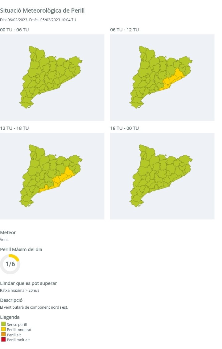 El Servei Meteorològic de Catalunya activa #avisosSMP per dilluns dia 6:
🌊 Estat de la Mar
🌬️ Vent
I per dimarts dia 7:
🌊 Estat de la Mar
Molta precaució i seguiu les informacions i recomanacions.
#ProteccióCivil activa prealerta #PROCICAT per mala mar.