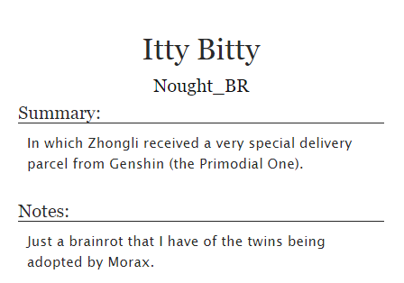 Nought_BR's tweet photo. Updated chap 3 of Itty Bitty - a short fic in modern AU where the traveller twins were adopted by Morax.

Written for #twinsweek 2023 | day 3 - Fluff
@twinsweek #GenshinImpact https://t.co/jI5BVIOx36