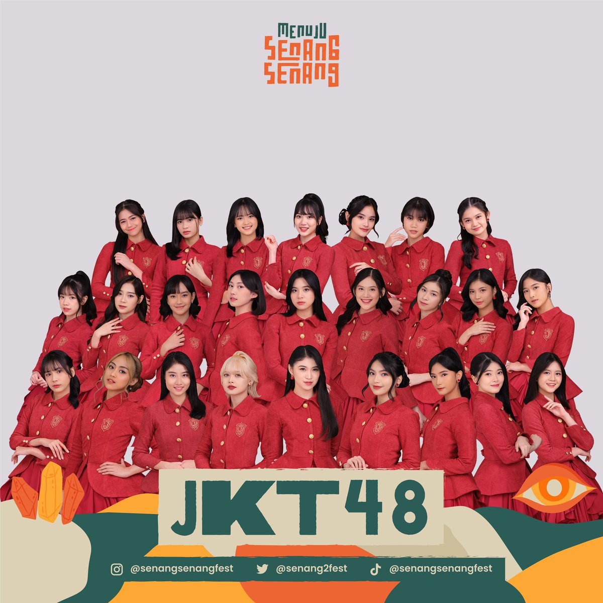 senang2fest's tweet photo. @jkt48 akan tampil di Menuju Senang Senang! Yang merasa Wota nanti ajarin fan chant JKT48 ke Minsen ya 🥳Yuk, kita seru-seruan bareng kakak-kakak cantik ini di Menuju Senang Senang! Jangan lupa untuk amankan Tiket Senangmu ya, mumpung stok masih tersedia #maripesta #menujussf https://t.co/DX3FZXsTxd